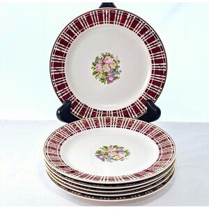 Homer Laughlin Piccadilly Dessert Bread Plates 6" 6pc red rim gold floral center